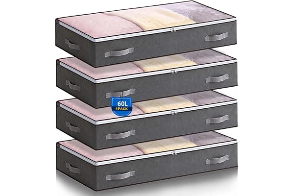 Boic 4-pack 60 l undersängsförvaring, hopfällbara förvaringspåsar under sängen, förvaringslåda under sängen med lock, förvaringslådor för underbädd, klädförvaringspåsar med förstärkt handtag för