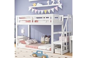 KecDuey Lettino 90 x 200 cm, letto a castello basso con scala di sicurezza, recinzione, struttura per letto a castello in legno massello con rete a doghe (bianco), LDB00042 ETAGENBETT