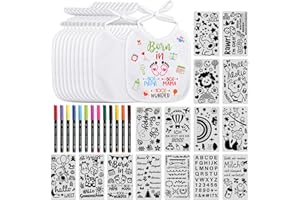 BOOMTOP 12 Baby Lätzchen zum Bemalen Babylätzchen Baumwolle mit 15x Malen Schablonen 12x Textilstifte Babyparty Deko Spiele Wasserdicht Lätzchen für Babys Junge Mädchen Babyshower Tiere Malvorlagen