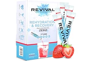 REVIVAL SHOTS Revival Zero Rehydration Electrolytes Powder - Sugar Free Hydration Sachet Drink with Vitamins C, B1, B3, B5, B12-14 Pack Strawberry