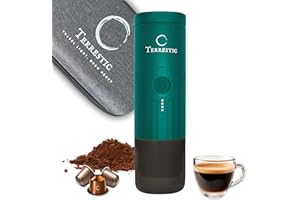 Machine à expresso électrique portable Terrestic Dose + étui de transport rigide – pour café moulu et capsules Nespresso, fonctionne sur batterie et charge USB-C, pour voiture, camping (Bleu sarcelle)