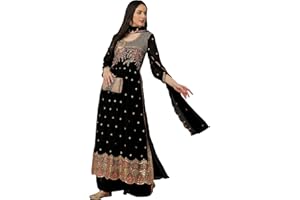 TRENDMALLS Damen Georgette Stickerei Seitenschlitz Plissee Indische Pakistanische Kurta Palazzo Anzug Set