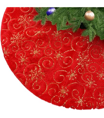 Jupe De Sapin De Noël Rouge Avec Paillettes Dorées - 35,4 Pouces De Diamètre - Décoration Festive Pour Intérieur/extérieur