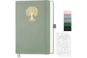 EMSHOI A5 Notebook Blank Journal - 192 Pages, 100 GSM Hardcover Leather Sketch Book with Doodle Stencil, Unlined, Plain Art Sketchbook for Women Men Work School Drawing, 14.5 x 21cm - Light Green