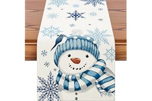 Artscope Snowflakes and Blue Snowman Christmas Table Runner, Xmas Seasonal Winter Holiday Kitchen Dining Table Decoration for Home Party Decor 40x140cm