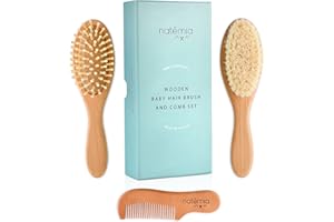 Natemia Peigne et brosse à cheveux en bois bébé Premium Set – poils doux naturel – idéal pour le chapeau de berceau - bébé parfait Registre cadeau