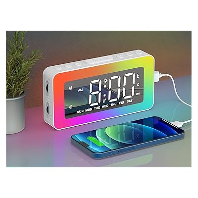 Digital Alarm Clock for Bedrooms, Mirror Alarm with 8 RGB Night Lights, Dual Alarms, 8 White Noise, 7 Wake-Up Sounds, USB Port, 16 Volume, Brightness Dimmable, Snooze (White-1)