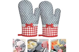 DXIA Oven Gloves, Pot Holder Glove, Oven Gloves, Pot Holder, Suitable for Cooking, Baking, Grilling, Pot Gloves, 1 Pair, Gift for Women and Chef (Grey Bow)