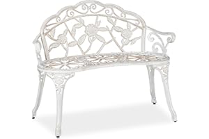 Relaxdays Banco Jardín Retro, 2 Plazas, Rosas, Envejecido, 78 x 98 x 57 cm, Aluminio y Hierro Fundido, Blanco y Bronce