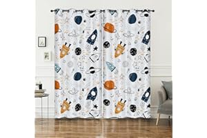 HOSIMA Cortinas de misiles de dibujos animados, con ojales, juego con 2 cortinas, planeta de cohetes de dibujos animados, impresión de nave espacial alienígena, cortinas para niños, habitaciones