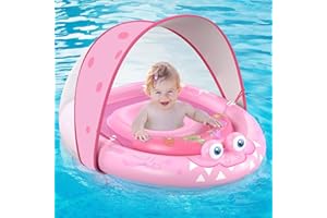 URMYWO Salvagente per bambini con protezione solare rimovibile UPF50+, isola gonfiabile per piscina per bambini da 6 a 12 – 24 mesi, galleggiante durevole con sedile regolabile, extra largo (Rosa)