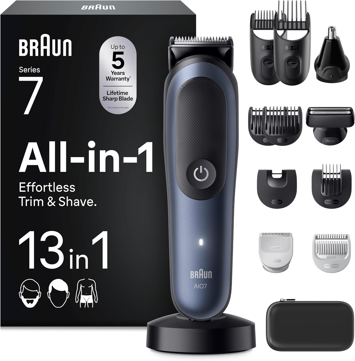 Braun Recortadora Todo en Uno Series 7 AIO7565, Azul - Kit de Styling 13en1 para Barba, Pelo, Orejas, Nariz Y Cuerpo, 14 Longitudes, 120 Min de Autonomía, Cortapelos Hombre con Lámina Ultra Afilada