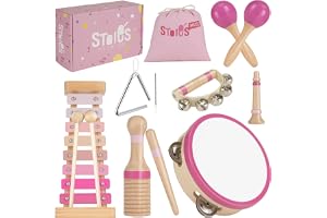 Stoie's wooden music set pink sensation, Montessori Musical Instrument for Toddlers with Xylophone, Tambourine and Maracas, E