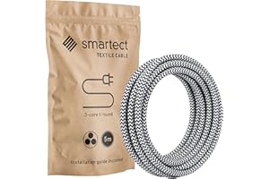 smartect Cable Electrique Textile Noir Blanc, Fil Electrique Tissu de 5 Mètres, 3 Conducteurs (3 x 0,75mm²) Cable Tissu Lampe pour Les Projets de Bricolage