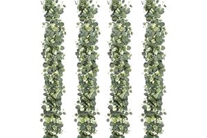 UXORSN 4PCS Artificial Eucalyptus Garland 6FT Faux Silver Dollar Foliage Greenery Vines Fake Leaves White Flowers Hanging Ivy Garland for Wedding Party Mantle Table Runner Home Decor