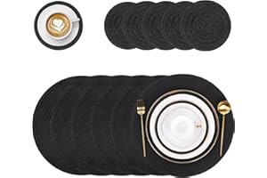Pauwer Round Placemats and Coasters Set of 6, Non Slip Washbale Table Mats and Coasters Sets Heat Resistant Decor Table Place Mats for Hotel Wedding Party Christmas, Black