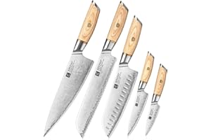 XINZUO Set Cuchillo Cocina 5 Piezas, 10Cr15CoMoV Acero Compuesto Juegos de Cuchillo de Cocinero Afilado Profesional Set Cuchillo Chef Acero Inoxidable -con Mango de Madera Pakka