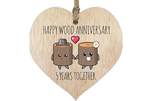 STUFF4 5th Wedding Anniversary Plaque Gift for Husband Wife - 5 Years Together - Happy Wooden Anniversary Wooden Heart for Women Men Partner, Light Wood Sign Keepsake Gifts