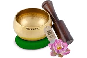 AVANDA Tibetan singing bowl set for yoga, meditation and relaxation - hammered Tibetan singing bowl Ø 8 cm (3 in), mango wood mallet and ring cushion, green