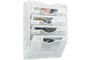 PAG 5-Tier Hanging Wall File Holder Mail Organizer Wall Magazine File Letter Rack,Mesh Metal A4 Wall Mounted Document Holder Paper Storage, White
