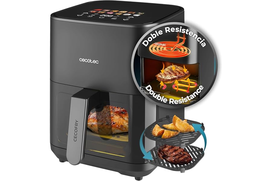 Cecotec Friggitrice ad Aria 4L - Air Fryer Cecofry&Grill Duoheat 4000. 1900W, 3in1: Friggitrice, Grill, Piastra. 10 Menù, Doppia Temp 40-200°C, Cottura uniforme e veloce, Cucina sana e gustosa