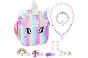 Yeelua Unicorn Gifts for Girls, Kids Jewellery Sets Dress up, Crossbody Bag Gifts for Birthday Presents, Jewellery Sets with Unicorn Princess Necklace Bracelet Rings Earrings,Party Gift for Girls