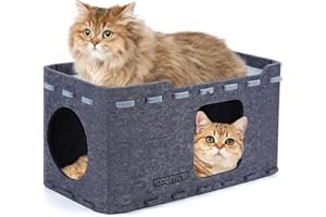 IDOGCHEW Niche Chat Intérieur, Maison Chats Intérieur en Feutre, Cabane Rectangulaire, Grotte avec Jeu Tunnel, 2 Étages pour Repos, Pliable, Grand Espace