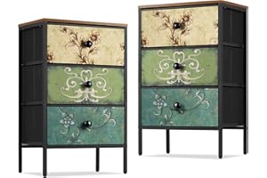 LYNCOHOME Bedside Tables Set of 2,Nightstand with 3 Drawers,Fabric Storage Cabinet Drawers,Furniture Sets for Bedroom,LivingRoom,Nursery,2 Pack