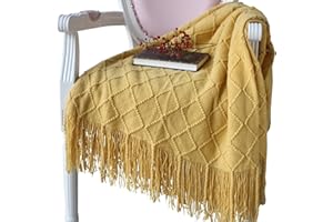 Hayisugal Wohndecke Weich Strick Wolldecke Quaste Kuscheldecke Sofadecke Schlafdecke Decke, Gelb, 125 x 210cm