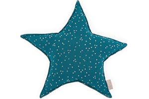 KraftKids Sternkissen Musselin goldene Punkte auf Petrol, 45 cm großes Kuschelkissen, Deko-Kissen für das Kinder-Zimmer