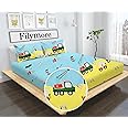 Filymore Cute Car Crane Cartoon Kids/Boys Room Designers Traffic Toys Printed Bedsheet for Double Bed with 2 Pillow Covers, Size 90x90 Inch, Pillow Cover Size 18x28 Inch, Yellow-blue, Microfibre