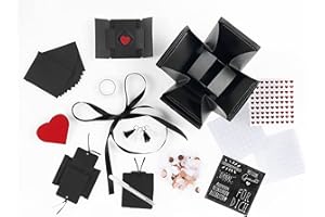 Loveria Explosionbox Schwarz zum selbst Gestalten | individuelle Überraschungsbox, 17 Teile | Satin, Geschenkband, Schreiber und mehr | 12x12x12cm