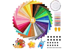 RAFIYU 40 Pezzi Feltro Colorato, Foglio di Feltro non Tessuto 20x15cm, Tessuto in Feltro Artigianale, Feltro per Lavoretti con 34 Accessori Fatti a Mano, per Fai da Te Artigianato Cucito Patchwork