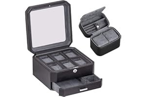 ROTHWELL Coffret cadeau 6 fentes boîte de montre en cuir et 2 montres étui de voyage - support de boîtes de rangement dessus en verre (coffret cadeau noir/gris)