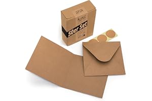 Japun - lot de 50 cartes pliantes vierges carrées comprenant des enveloppes, des cartes pliantes pour la conception, l'étiquetage ou l'impression - marron