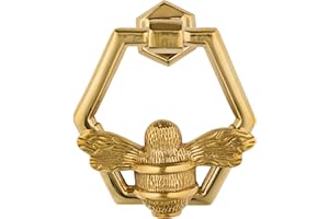 BRASS BEE Gold Bee Door Knocker for Front Door | Polished Solid Brass Honeycomb | Brass Knockers with Strike Plate | UPVC | Bumblebee Front Door Furniture with a Unique Design