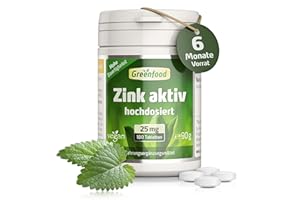 ‎GREENFOOD Zink aktiv, hochdosiert, 25mg - 180 Tabletten, vegan. Zinkbisglycinat - für hohe Bioverfügbarkeit. Wichtig für Stoffwechsel & Immunsystem etc. OHNE künstliche Zusätze - laborgeprüft. Von Greenfood.