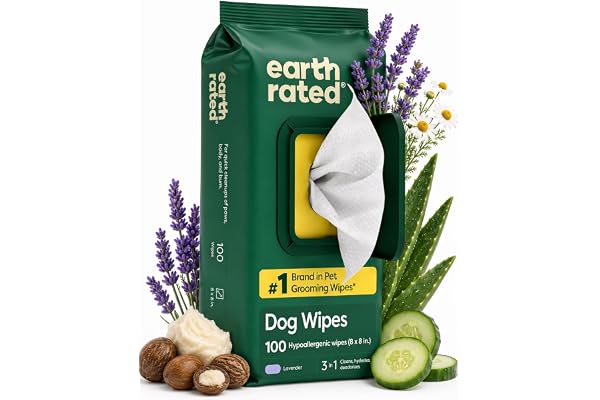 Earth Rated Toallitas hipoalergénicas para Perros, para Limpiar y Eliminar olores de Patas, Cuerpo y Trasero, Cachorros y Perros Adultos, Aroma a Lavanda, 100 Unidades