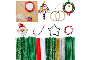 YYUENGTAK YYUENG TAK 200 pcs Pipe cleaners for craft, Green pipe cleaners for DIY Christmas Tree and Garland, Glitter pipe cleaners for craft, with wooden rings, card paper, pom poms, pearls