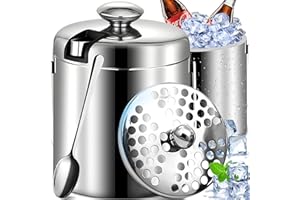 ‎RETOO Retoo Eiskübel mit Deckel und Zange Eiswürfelbehälter Doppelwandig Edelstahl Wein-kühler 1,3 Liter Eiseimer für Eiswürfel Sektkühler mit Henkel 20 x 14,5 cm Silber