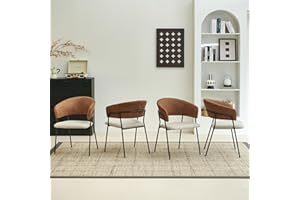 Colorig Modern Dining Chairs Set of 4 Linen-Fabric Upholstered with Leathaire Armrest and Sturdy Metal Frame Legs for Kitchen,Dining Room,Living Room,Coffee lounge Restaurant (4, White Brown)