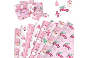 DPKOW Carta da regalo di Natale Rosa, 12 fogli di carta da imballaggio natalizia albero Carta da regalo Pupazzo di neve Fiocco di neve, Articoli per confezione regalo riciclabile Natale, 70 * 50cm