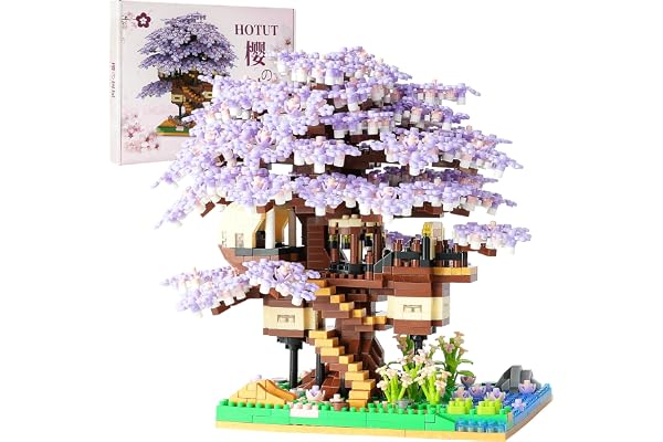 HOTUT Körsbärsblommon Trädhus Byggsats, 2229 Mikro Byggklossar med LED, Detaljerad Japansk Arkitektur Modell