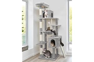 Globlazer Rascador para Gatos Grandes, Árbol Rascador Alto 178 cm con Hamaca Grande Nidos Percha Tabla Rascar Sisal Peluche Juguetes, Estable Torre para Gatos Adulto Interior (F70 Pro, Gris Claro)