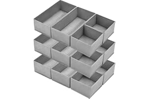 DIMJ Organizadores de Cajones 12 Cajas de Almacenaje Plegables de Tela Organizadores de Armarios Separadores de Cajones Cubos de Almacenaje para Sujetadores, Calcetines, Corbatas, Bufandas(Gris Claro)