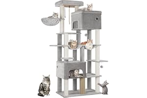 Hzuaneri Arbre à Chat, XXL, Grand Tour à Chat de 200 cm de Haut, avec 10 Griffoirs, 2 Plateformes Géantes, 2 Niches, 2 Hamacs, Pompons, Panier, pour Maine Coon, Gris Clair MS20018LG