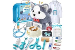 TOYSSA Valigetta Dottore Bambini, Veterinario Giocattolo di Legno, Cane Giocattolo che Cammina e Abbaia, Peluche Cane Kit Dottoressa Bambina, Kit Dottore Bambino Regali per Ragazze e Ragazzi 3 4 5 6 7 Anni