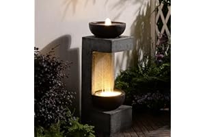 Bumilgar 2-Tiered Rainfall Bowl Garden Water Features with LED Lights and Pebbles, Modern Stone Feature Indoor&outdoor Fountains and Waterfalls for Porch, Deck, Yard, Patio, Home Decor, Gray