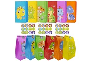 Annauiy 24Pcs Dinosaurios Bolsas de Regalo de Papel con 36 Pegatinas,Bolsita para Regalos de 6 Colores,Bolsa Chuches Kraft para Dulces Embalaje,Cumpleaños,Fiestas,Halloween