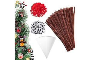 OUQIWEN 500 Pcs Fils chenilles Set,Tiges Chenille Marron,Pipe Cleaners Crafts Avec Bring Pompons Rouges,Yeux Auto-Adhésifs,Sacs De Biscuits,Convient à Pour Bricolage de Noël Fait à La Main